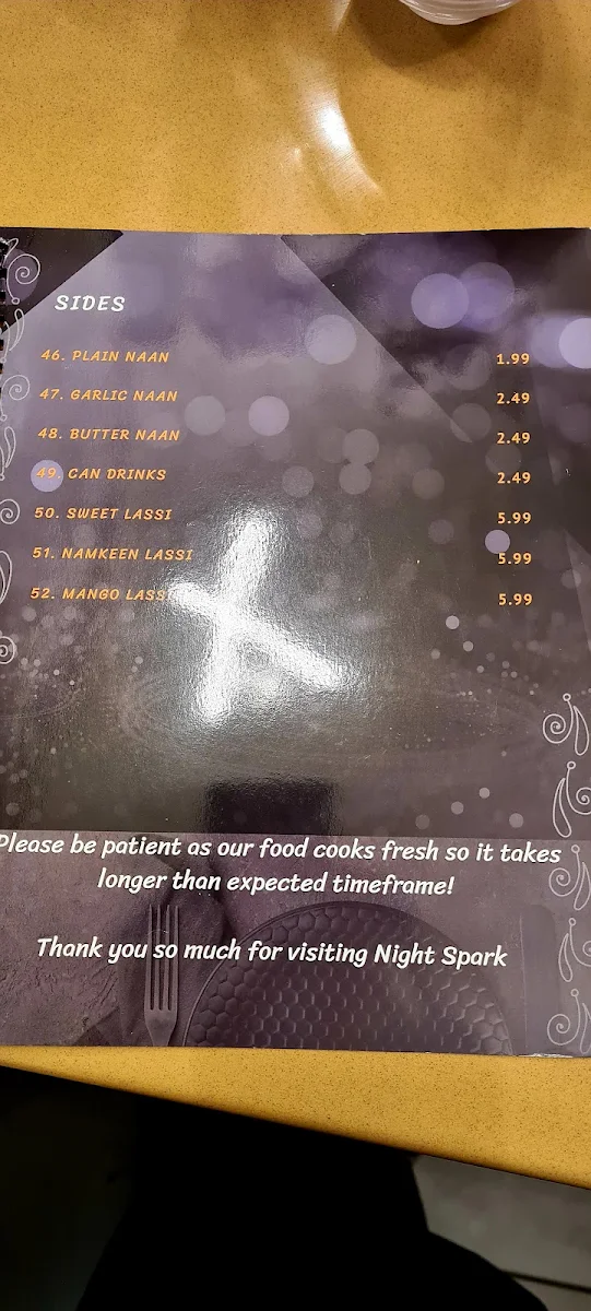 Menu, Night Spark Restaurant