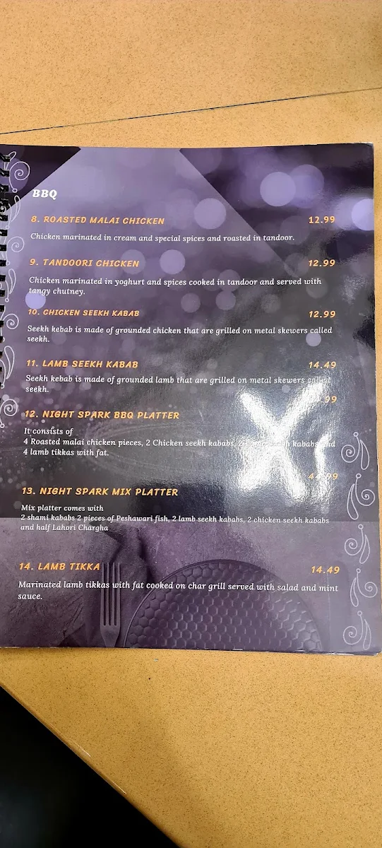 Menu, Night Spark Restaurant