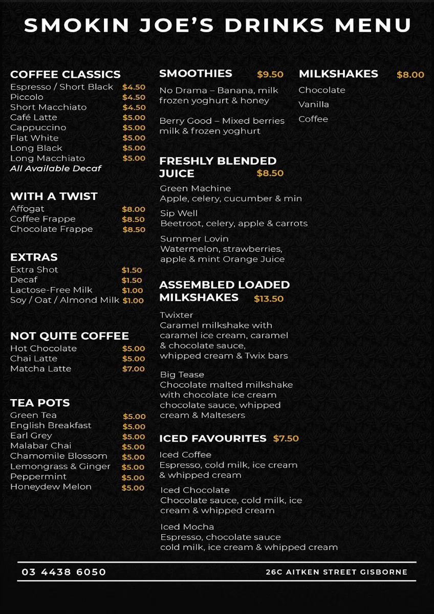 Menu, Smokin joes Pizza & Grill - Gisborne