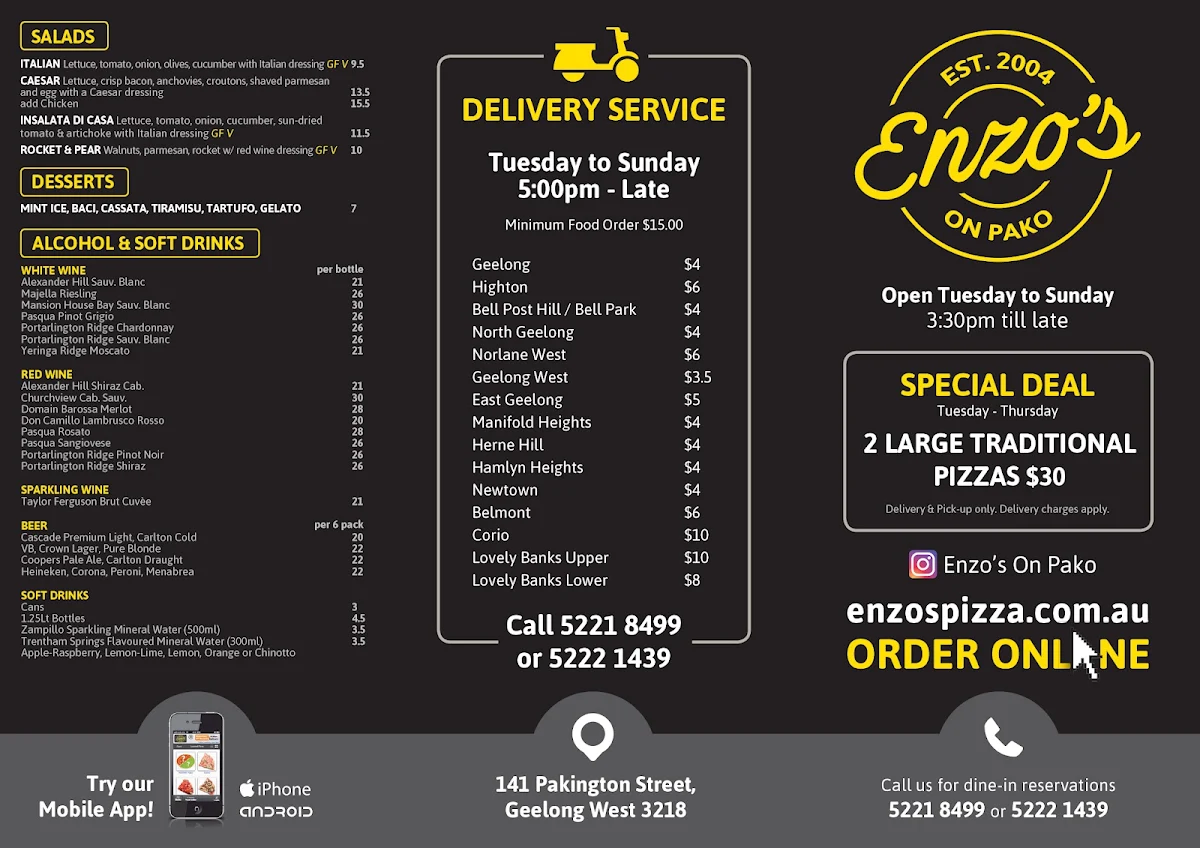 Menu, Enzo's On Pako