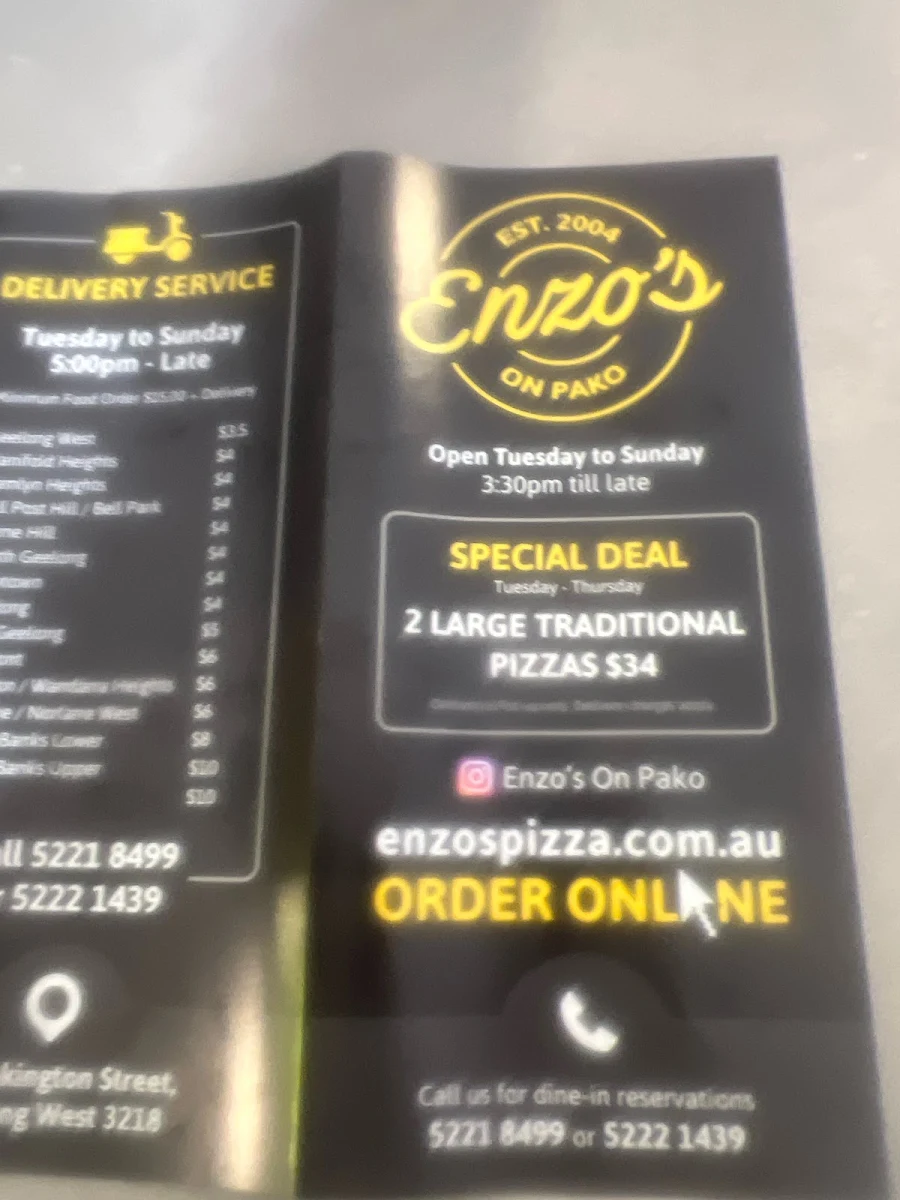 Menu, Enzo's On Pako
