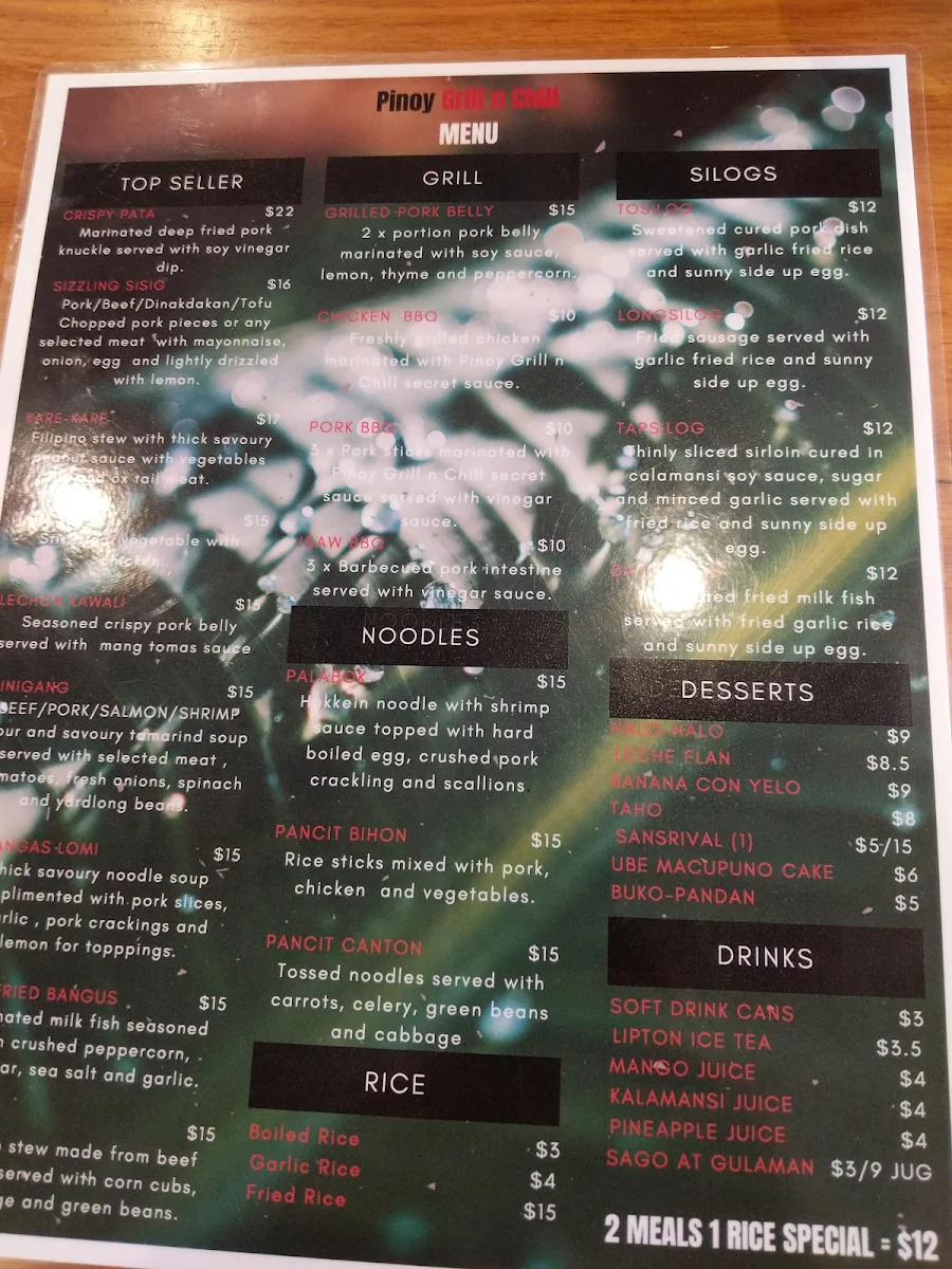 Menu, Pinoy Grill N Chill