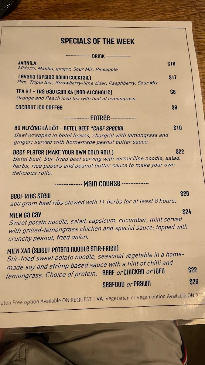Menu, Jarn Leva Vietnamese TTP