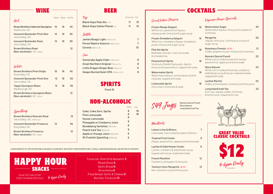 Menu, Vapiano Coomera