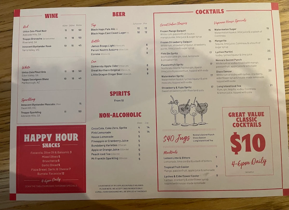 Menu, Vapiano Coomera