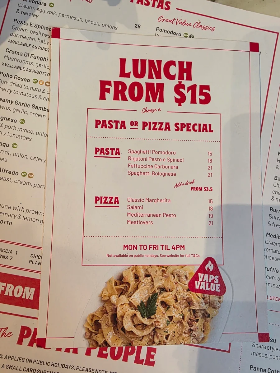 Menu, Vapiano Coomera