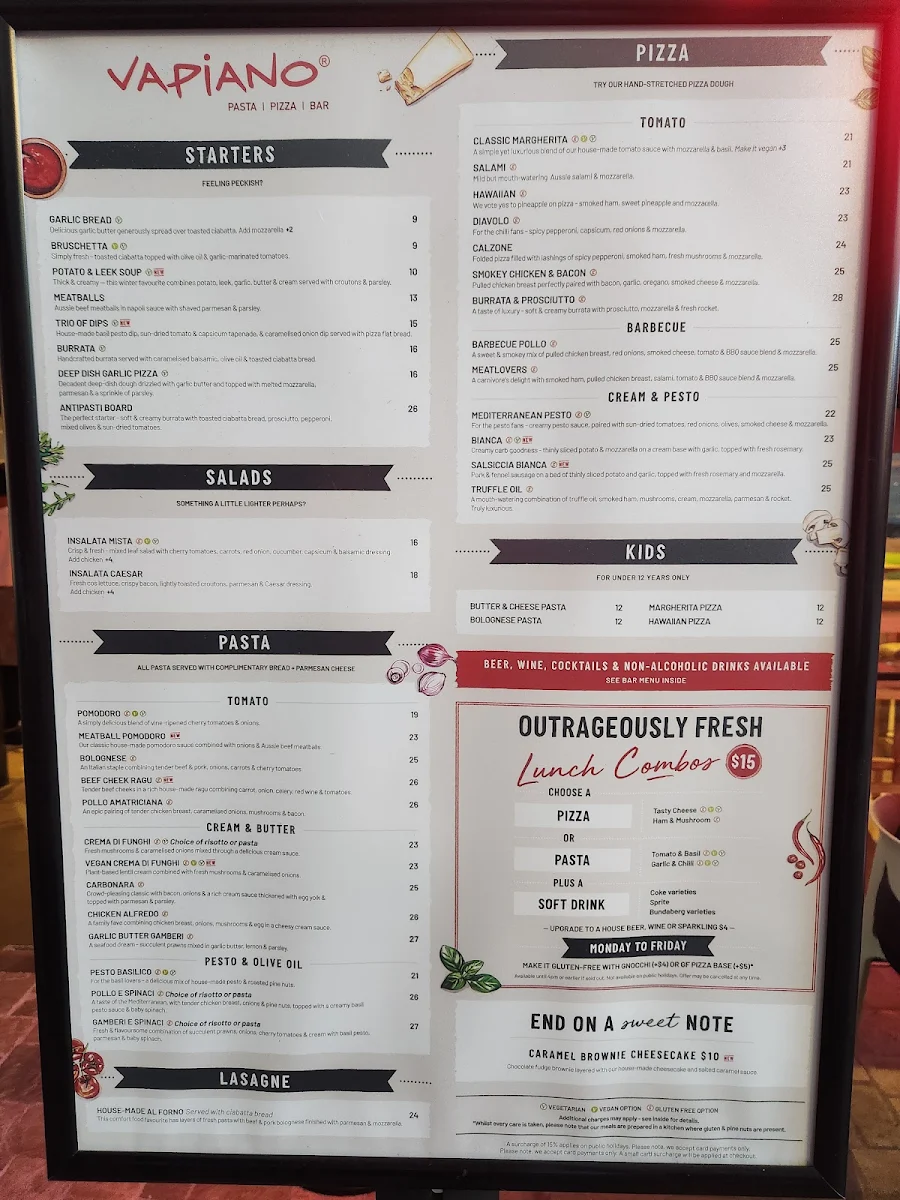 Menu, Vapiano Coomera