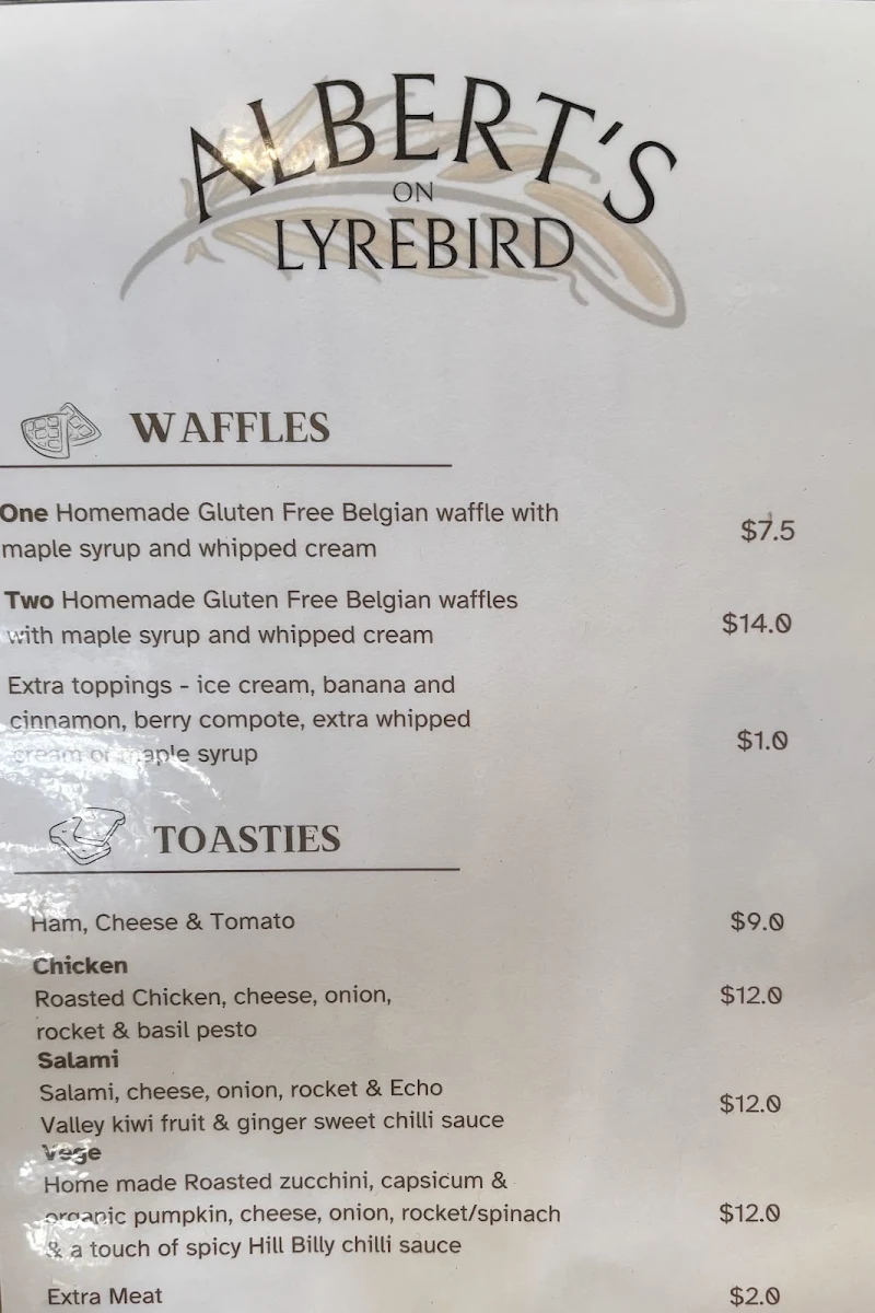 Menu, Albert's On Lyrebird