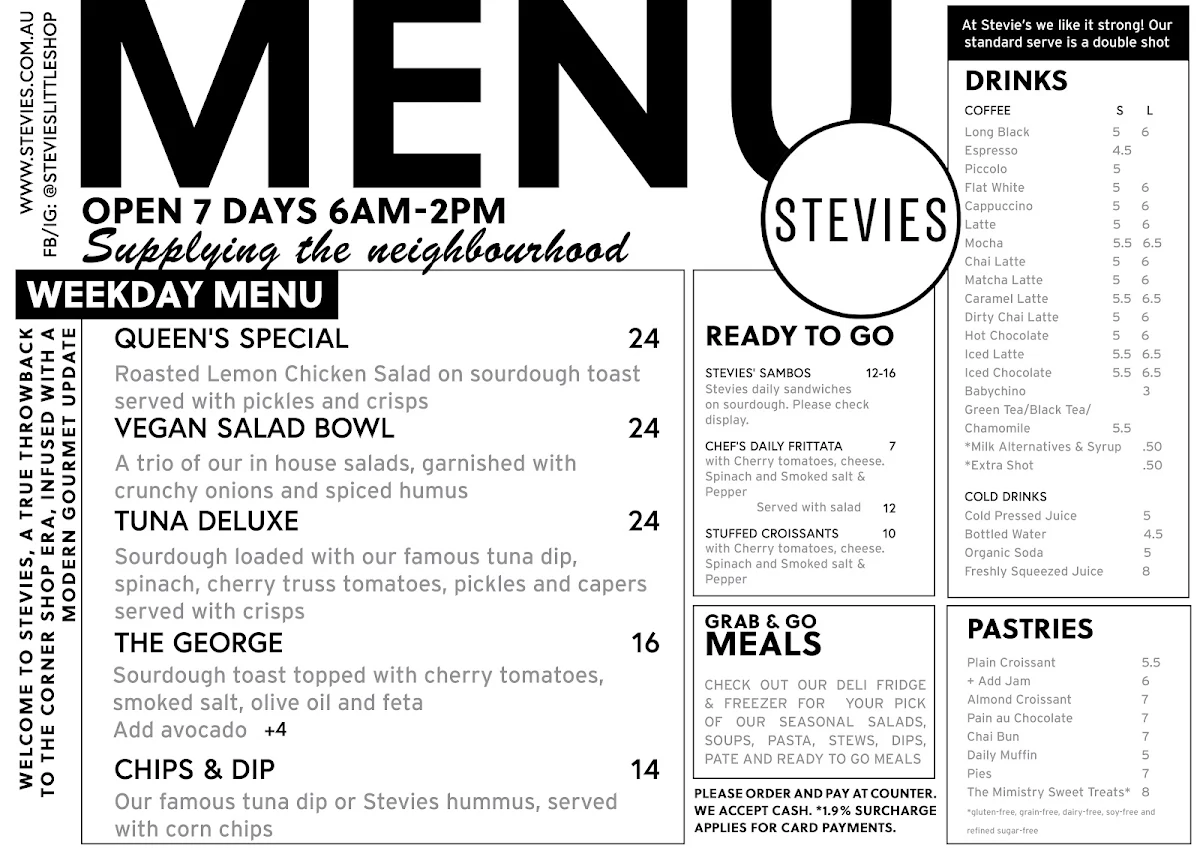 Menu, Stevies Little Shop