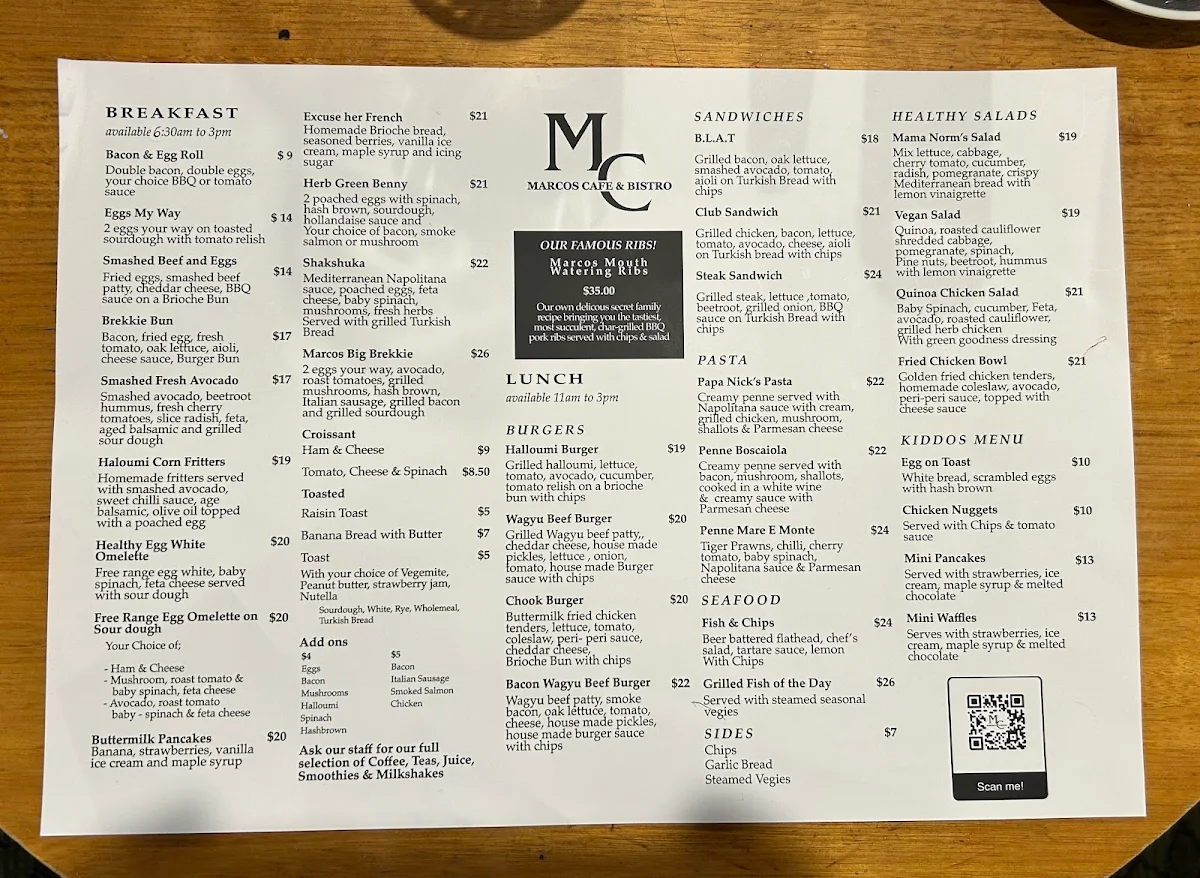 Menu, Marcos Cafe & Bistro & Pizzeria