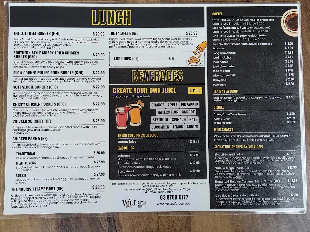 Menu, Volt Cafe Clyde North