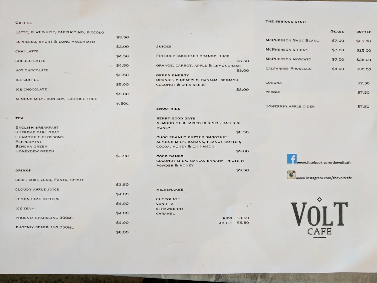 Menu, Volt Cafe Clyde North