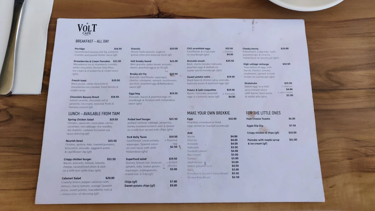Menu, Volt Cafe Clyde North