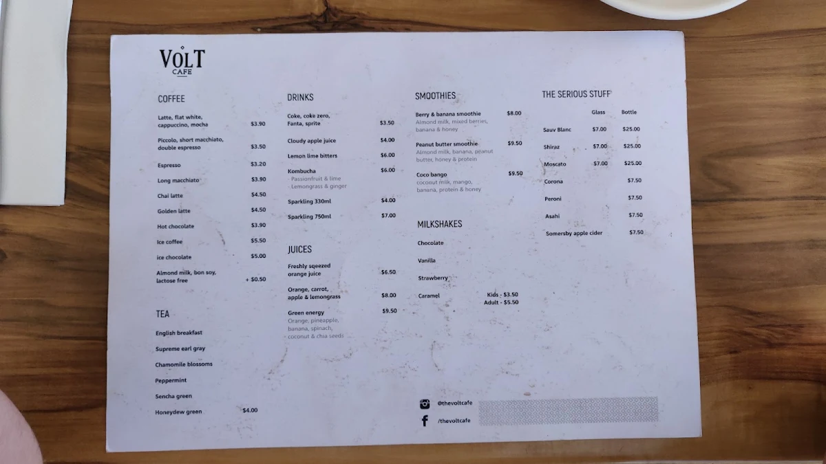 Menu, Volt Cafe Clyde North