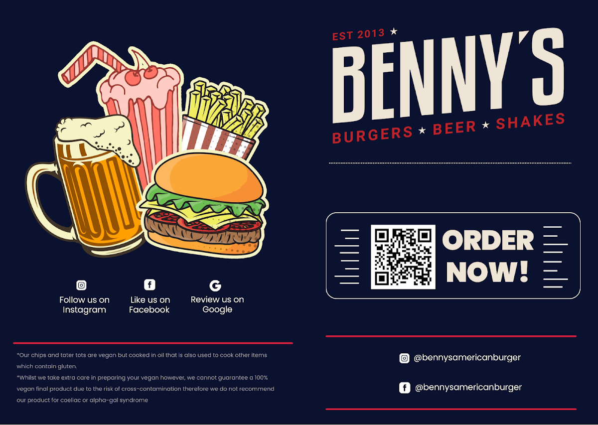 Menu, Benny's American Burgers - Elizabeth