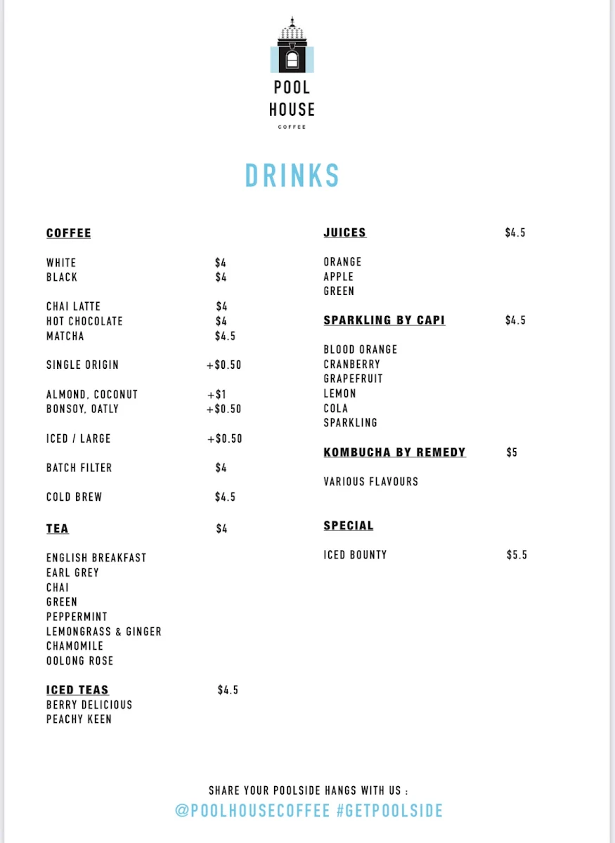 Menu, Poolhouse Coffee
