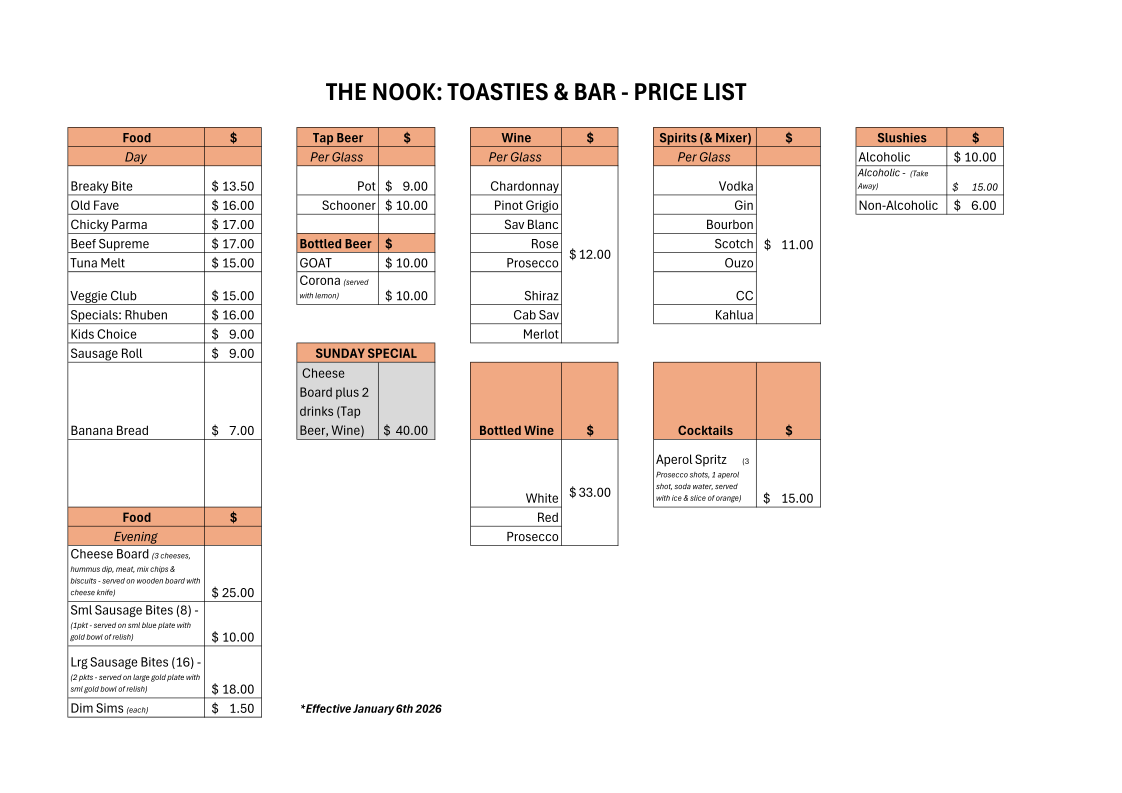 Menu, The Nook: Toasties & Bar