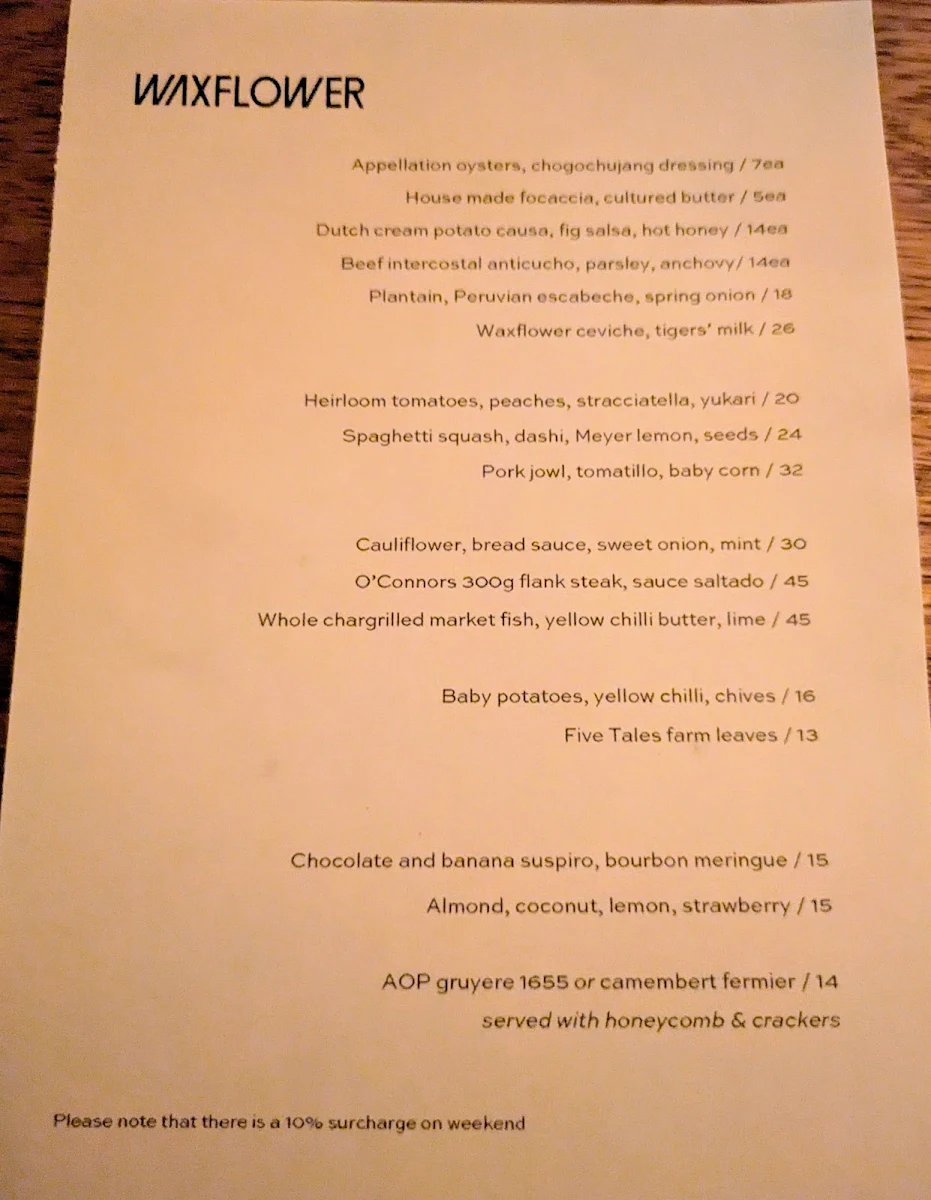 Menu, Waxflower