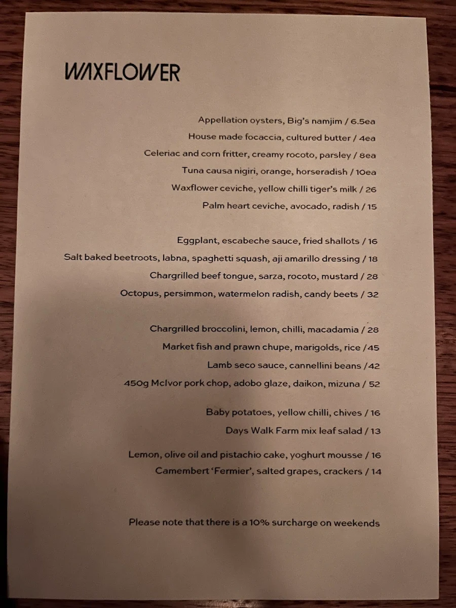 Menu, Waxflower