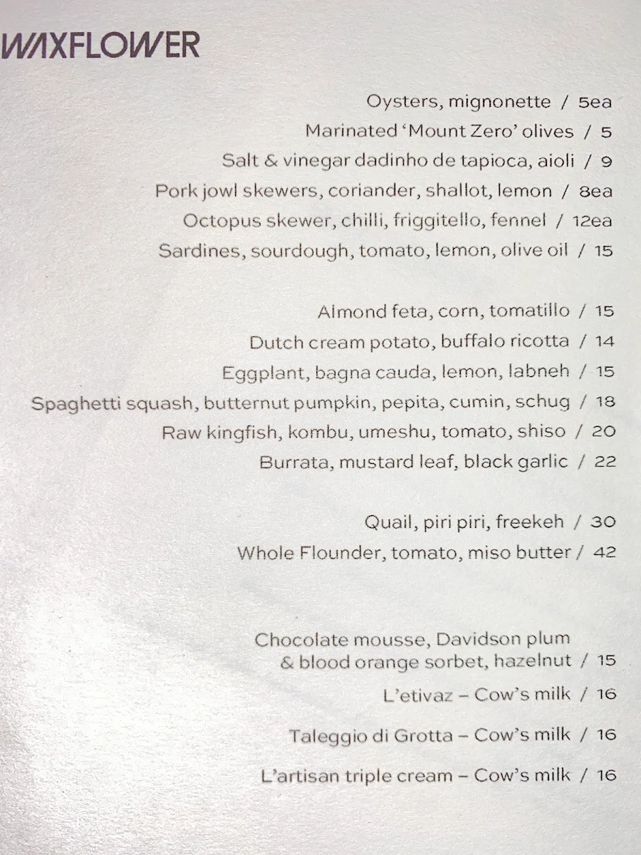 Menu, Waxflower