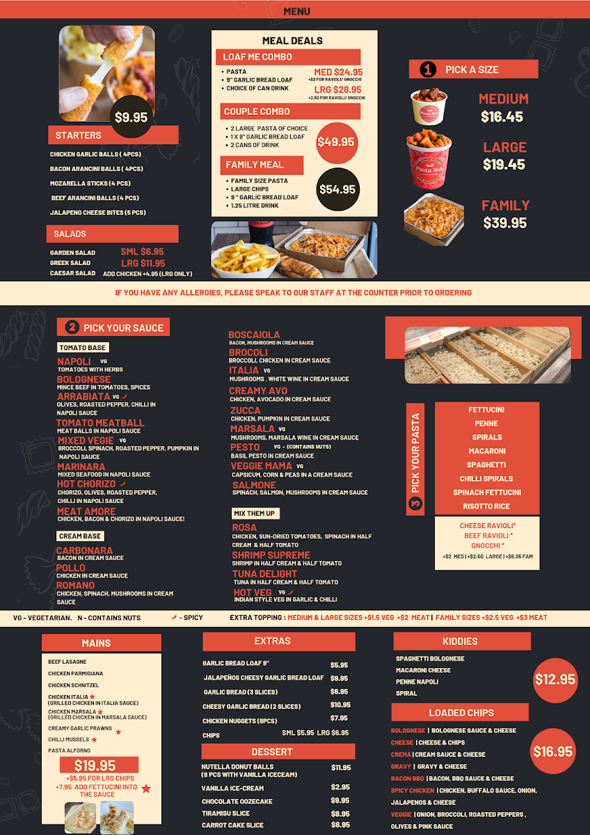 Menu, Pasta Hub Alexander Heights