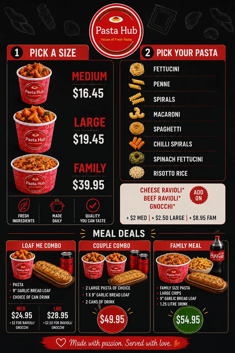 Menu, Pasta Hub Alexander Heights