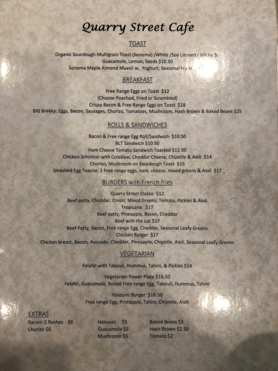 Menu, Quarry Street Coffee House Ultimo