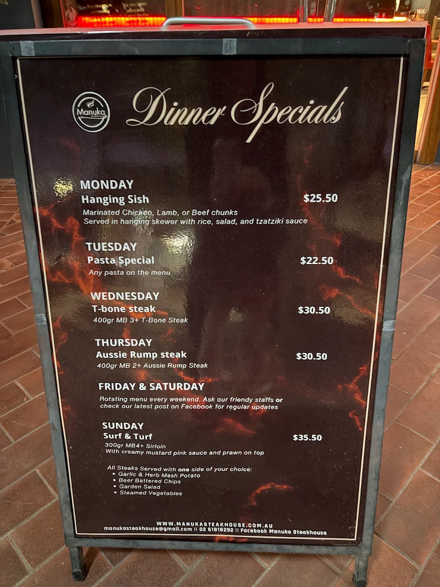 Menu, Manuka Steakhouse ACT