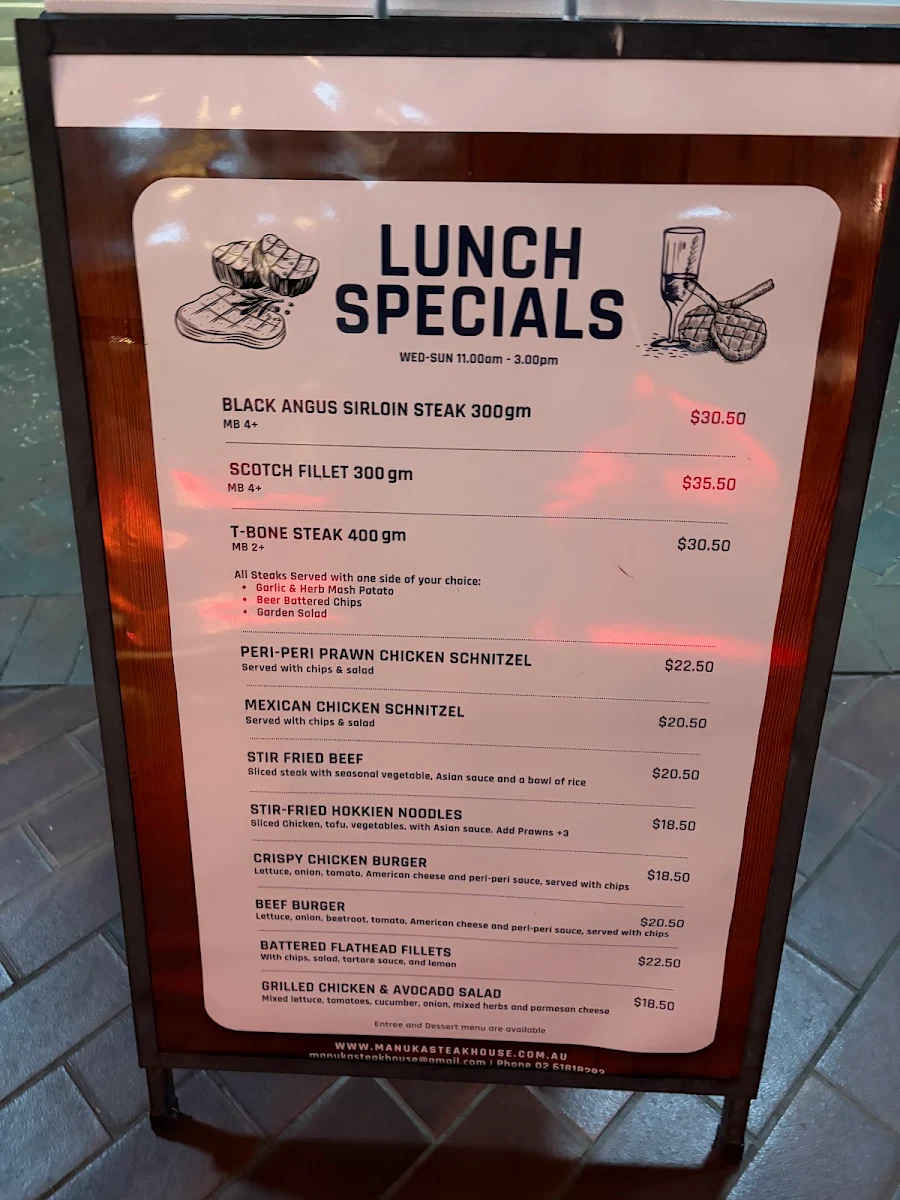 Menu, Manuka Steakhouse ACT