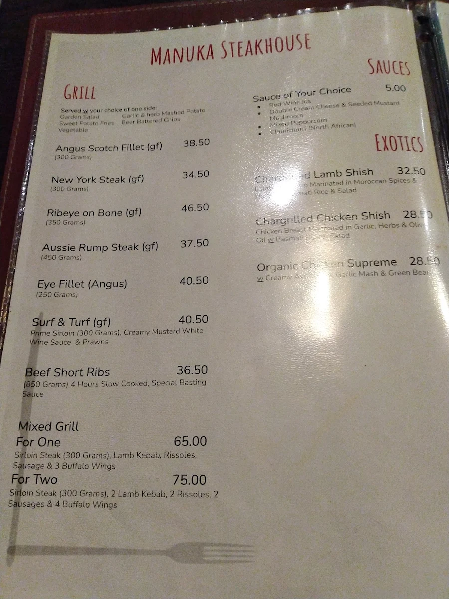 Menu, Manuka Steakhouse ACT