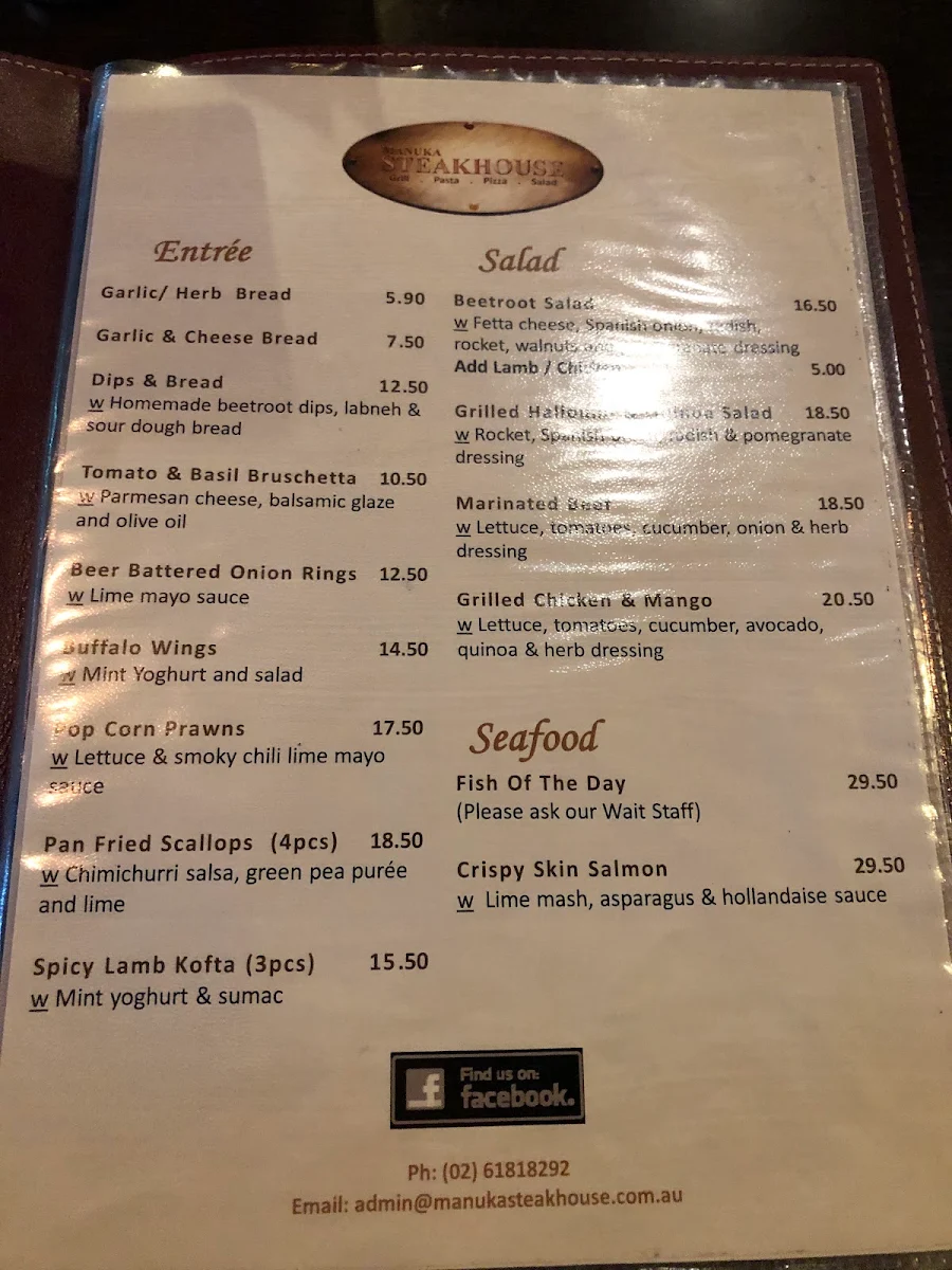 Menu, Manuka Steakhouse ACT