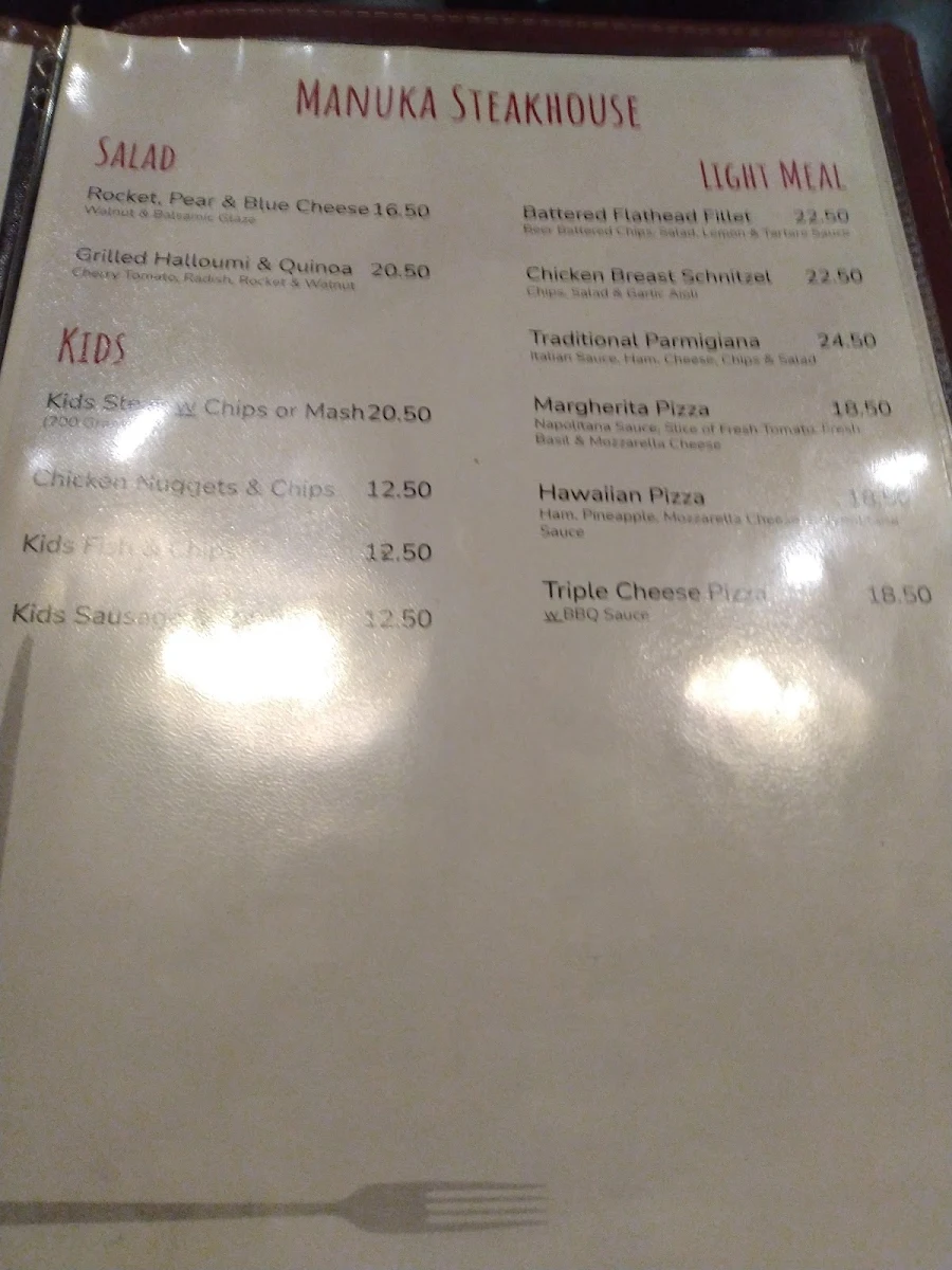 Menu, Manuka Steakhouse ACT