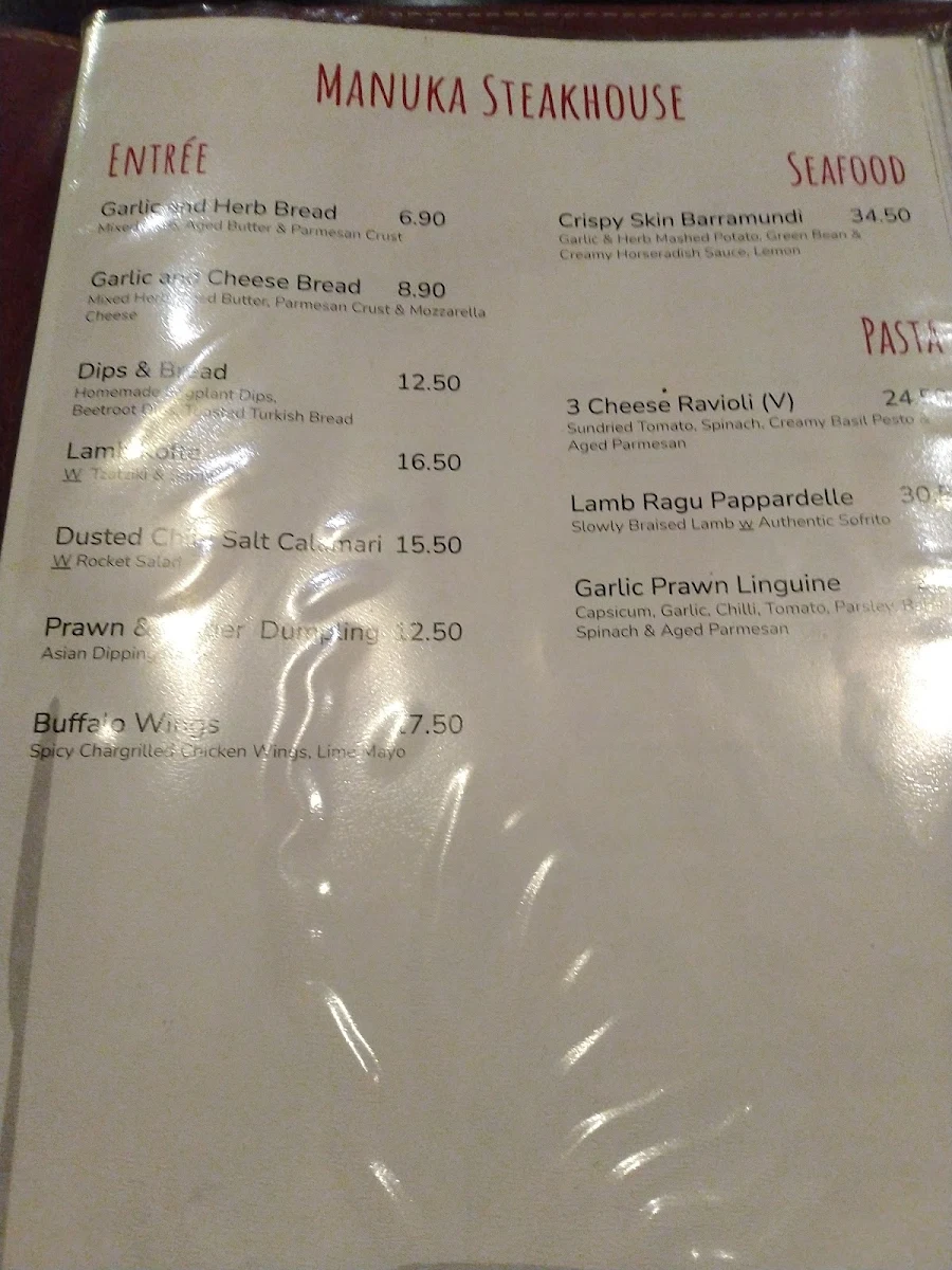 Menu, Manuka Steakhouse ACT