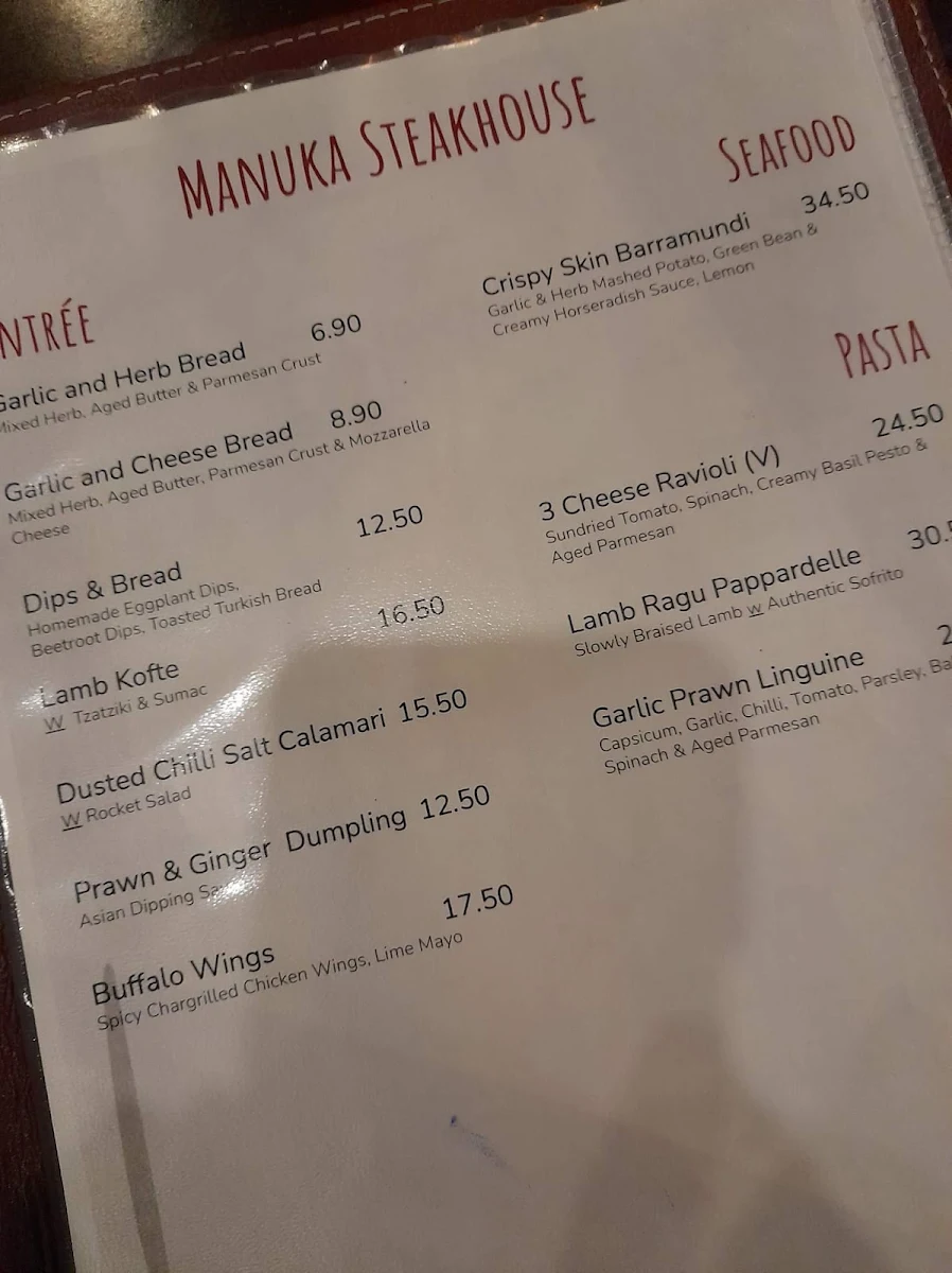 Menu, Manuka Steakhouse ACT