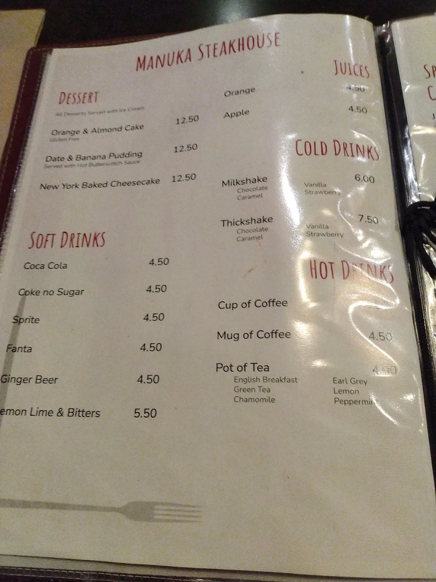 Menu, Manuka Steakhouse ACT