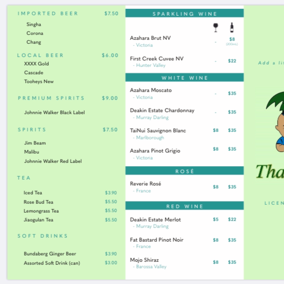 Menu, Thai Ginger Restaurant