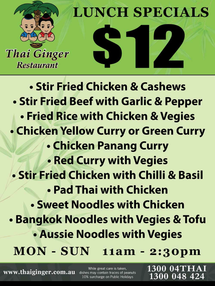 Menu, Thai Ginger Restaurant