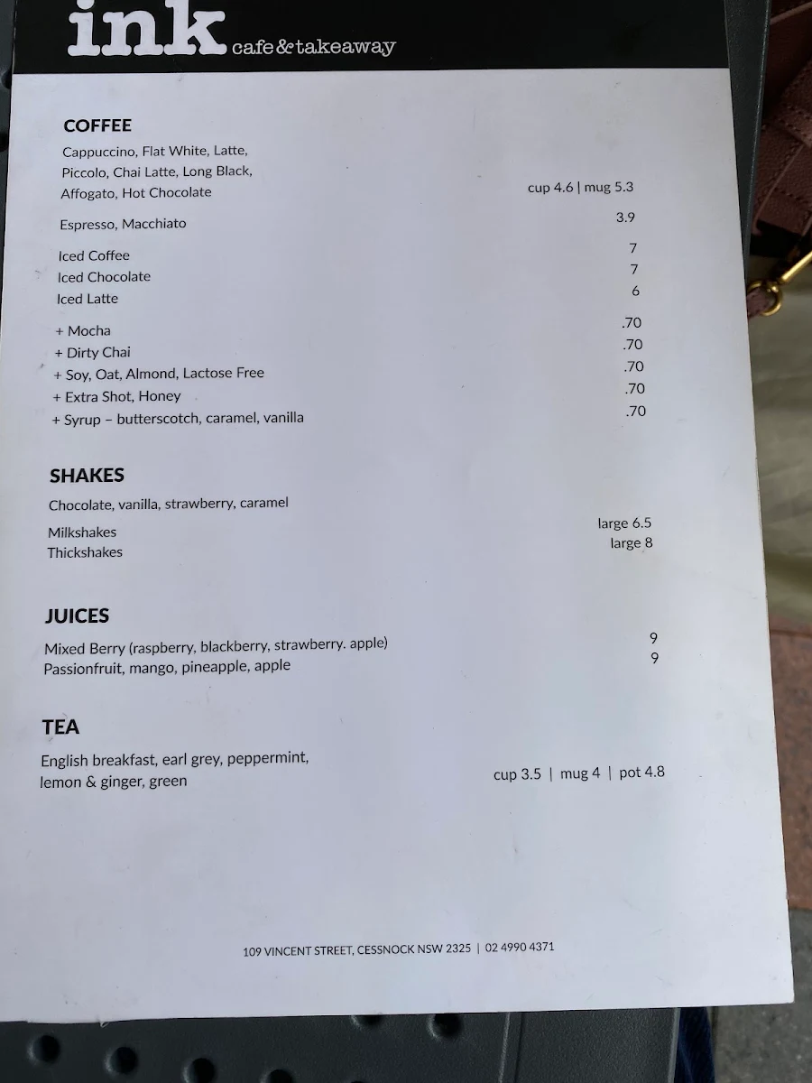 Menu, INK Cafe & Takeaway