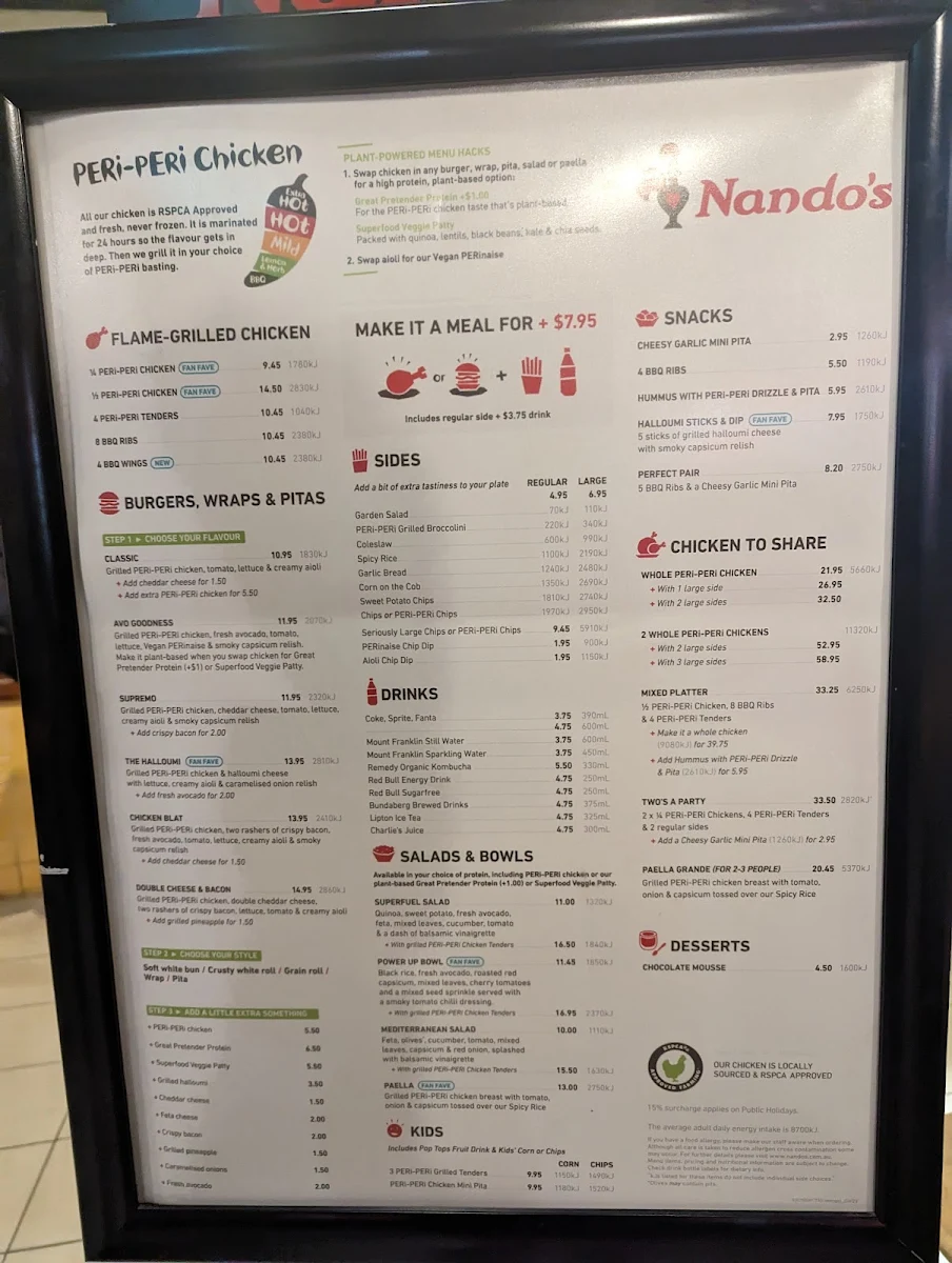 Menu, Nando's Braeside