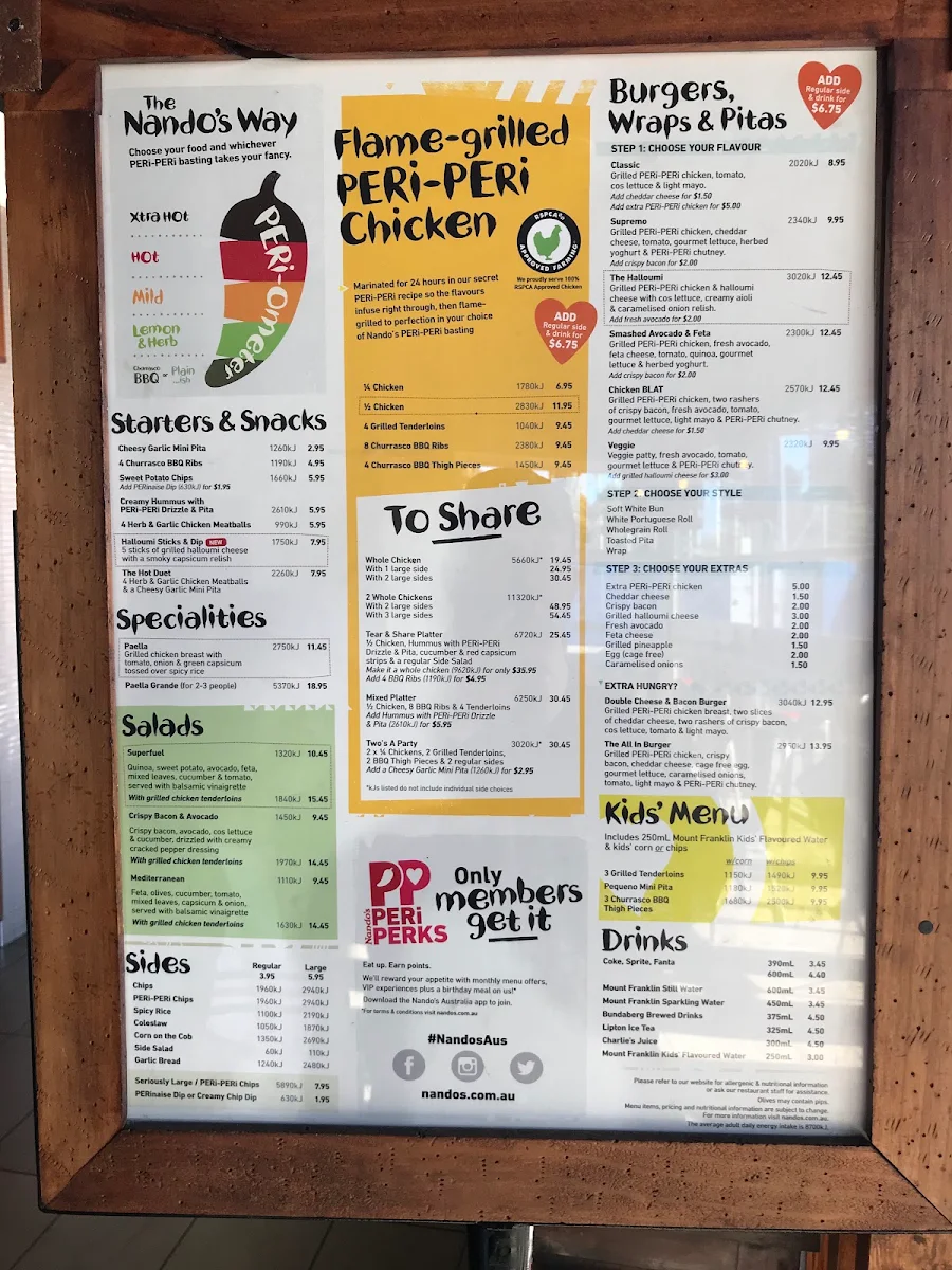 Menu, Nando's Braeside