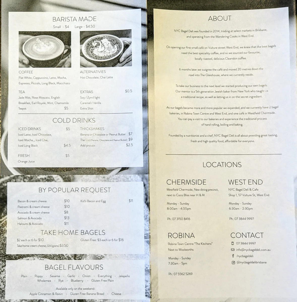 Menu, NYC Bagel Deli