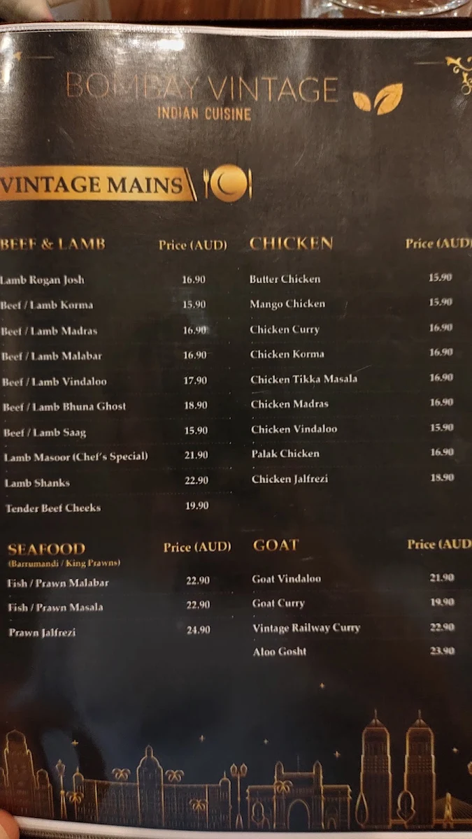 Menu, Bombay Vintage