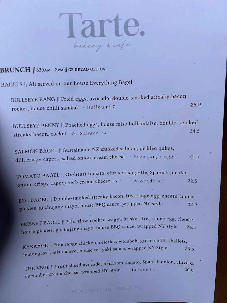 Menu, Tarte Bakery & Cafe