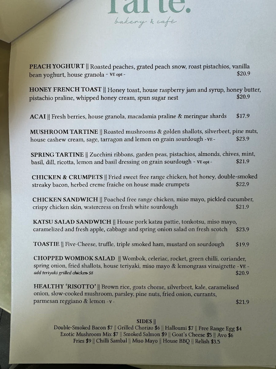 Menu, Tarte Bakery & Cafe