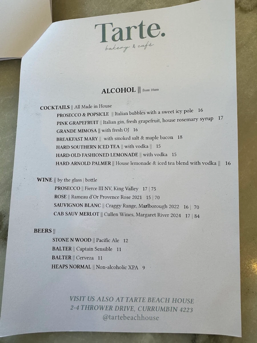 Menu, Tarte Bakery & Cafe