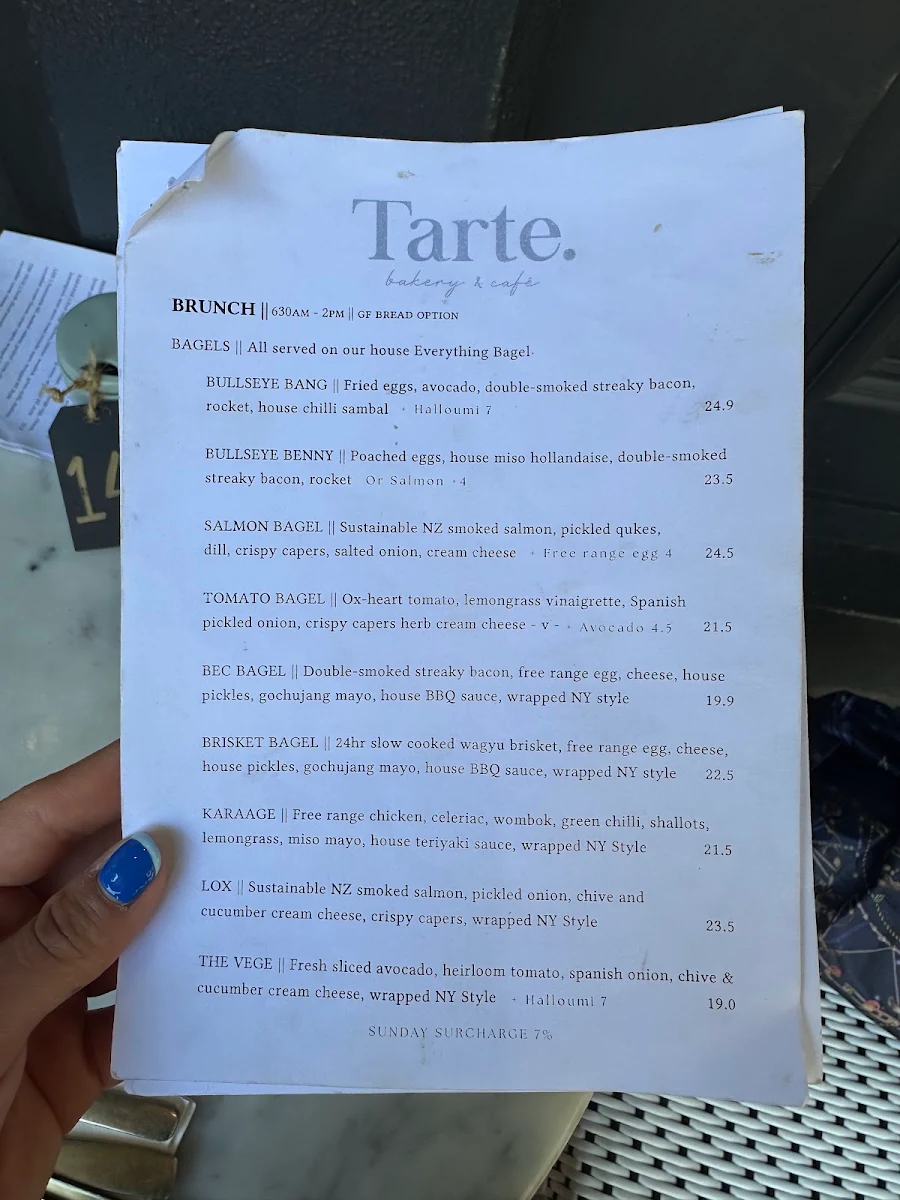 Menu, Tarte Bakery & Cafe