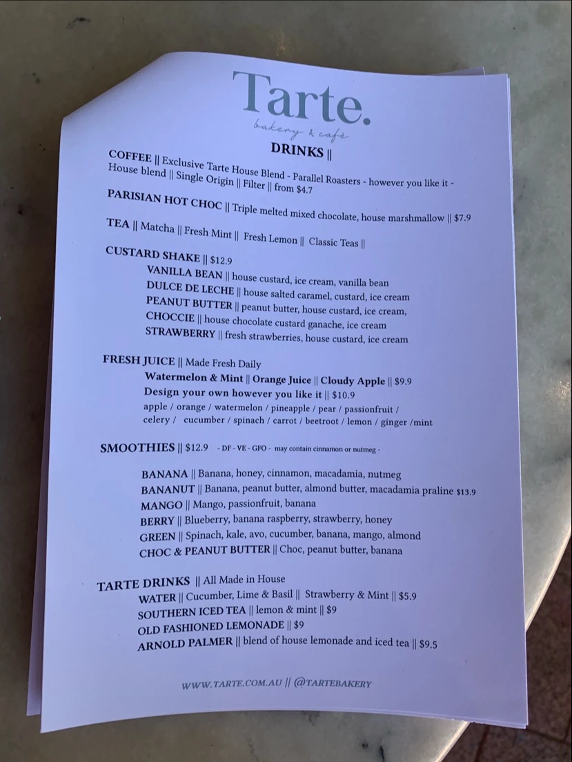 Menu, Tarte Bakery & Cafe