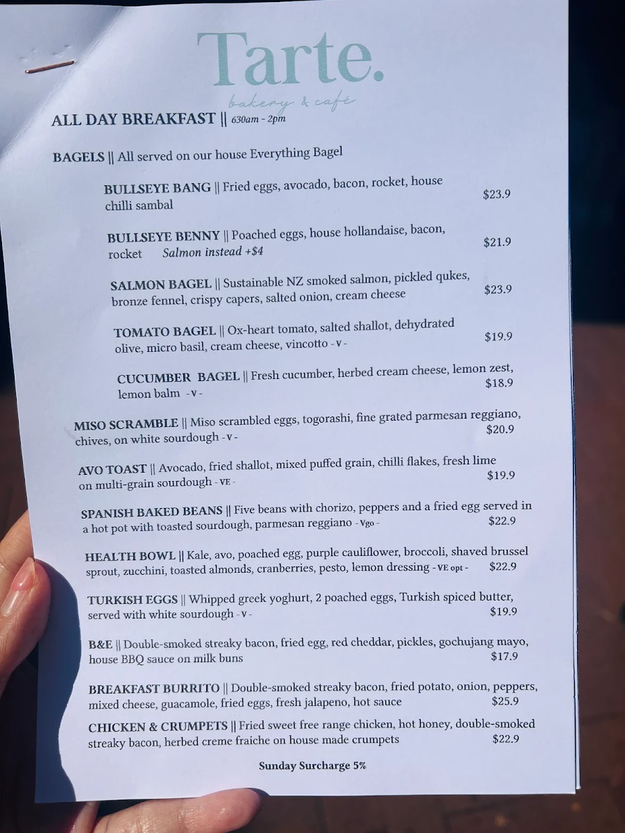 Menu, Tarte Bakery & Cafe