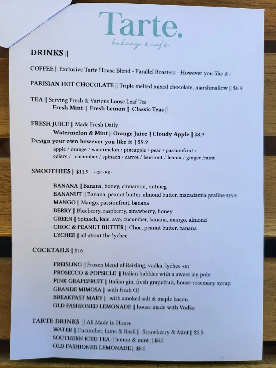 Menu, Tarte Bakery & Cafe