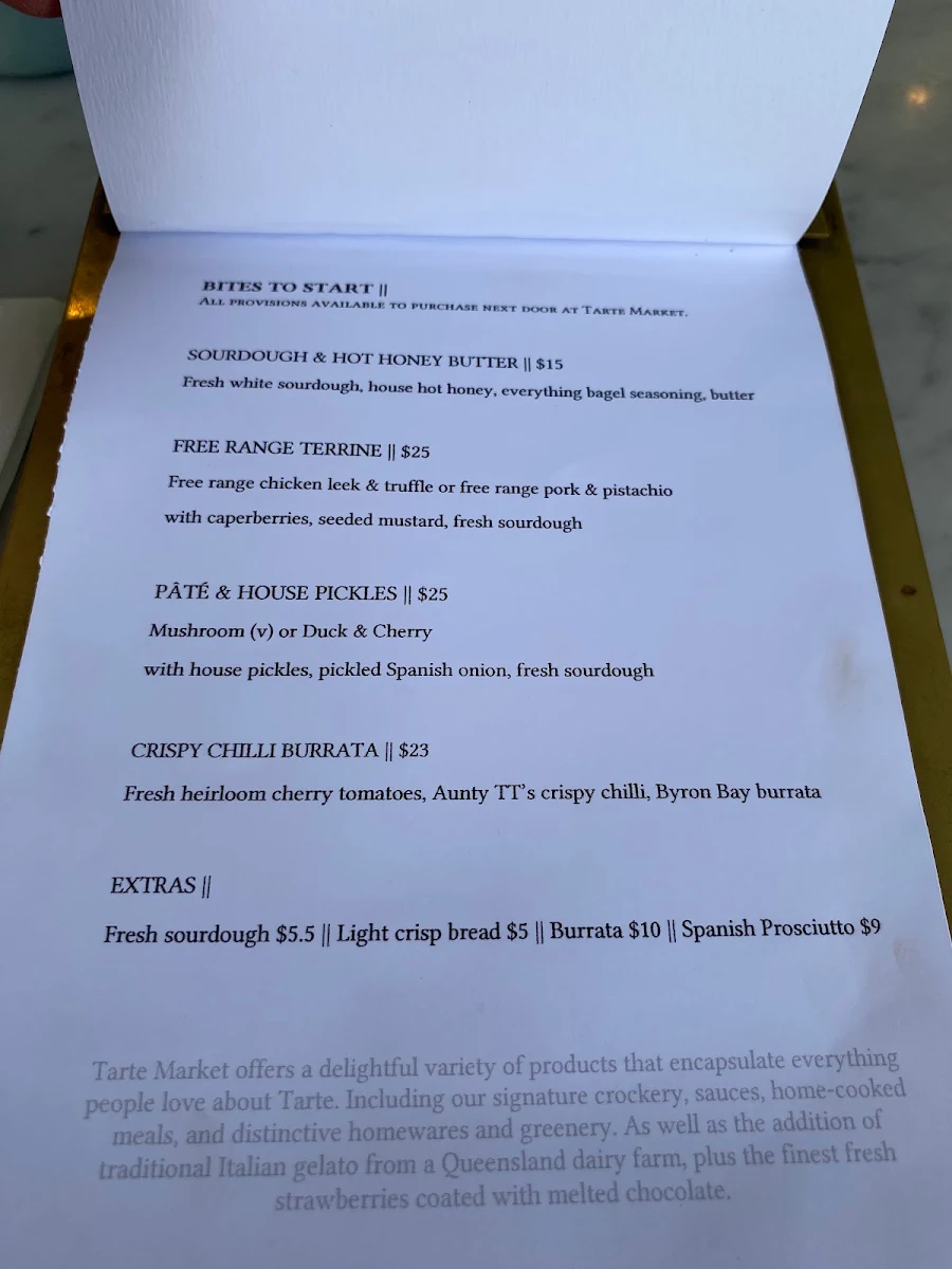 Menu, Tarte Bakery & Cafe